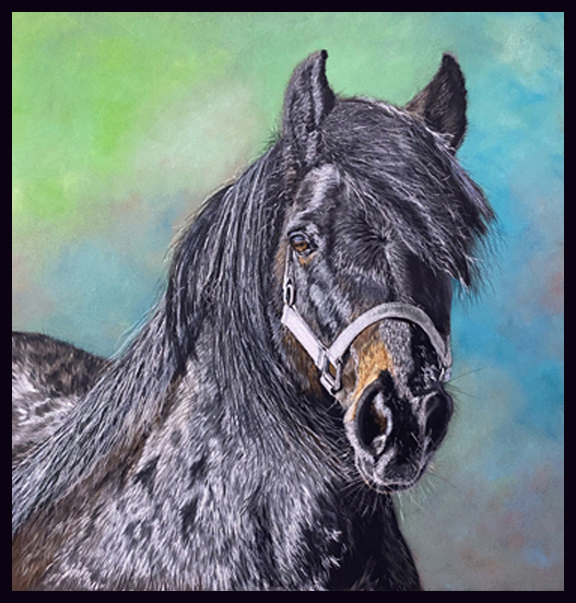 Vibrant pastel painting of horse with long coat