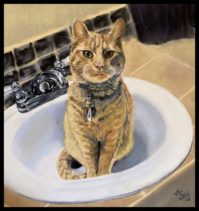 Pastel portrait of cool cat in sink